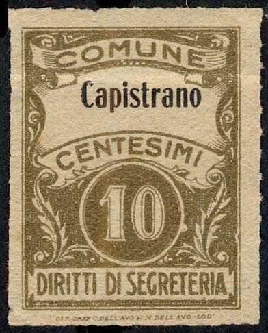 Marca da Bollo del Comune di CAPISTRANO su Carta Bianca Sottile di dimensioni 22,5 x 30 mm