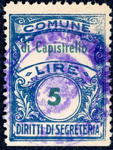 Marca da Bollo del Comune di CAPISTRELLO su Carta Bianca Sottile di dimensioni 22,5 x 29 mm