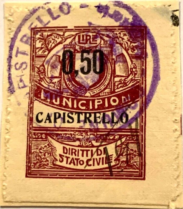 Marca da Bollo del Comune di CAPISTRELLO su Carta Bianca Sottile di dimensioni 22,5 x 29 mm