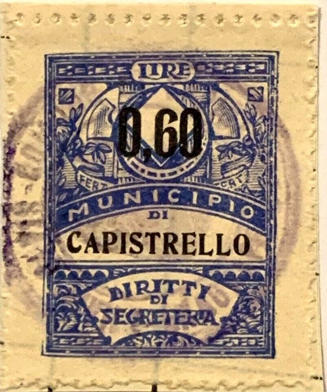 Marca da Bollo del Comune di CAPISTRELLO su Carta Bianca Sottile di dimensioni 22,5 x 29 mm