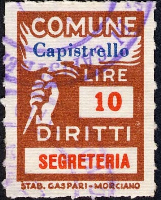 Marca da Bollo del Comune di CAPISTRELLO su Carta Bianca Sottile di dimensioni 18,5 x 26 mm