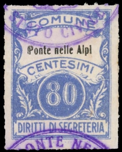 Marca da Bollo del Comune di PONTE NELLE ALPI su Carta Bianca di dimensioni 22 x 29 mm