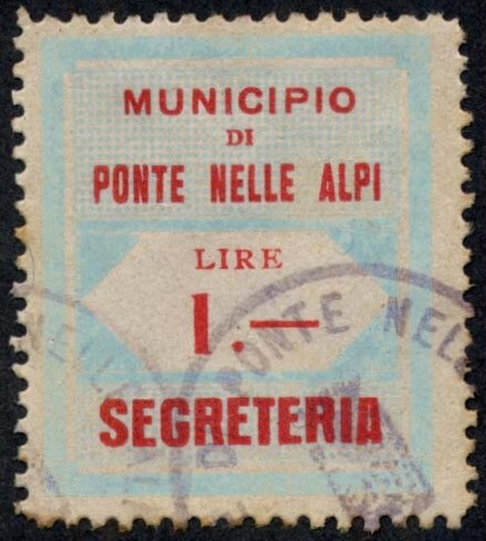 Marca da Bollo del Comune di PONTE NELLE ALPI su Carta Bianca di dimensioni 24,5 x 29 mm