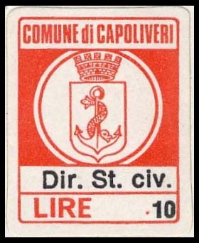 Marca da Bollo del Comune di CAPOLIVERI su Carta Bianca di dimensioni 12,5 x 18,5 mm