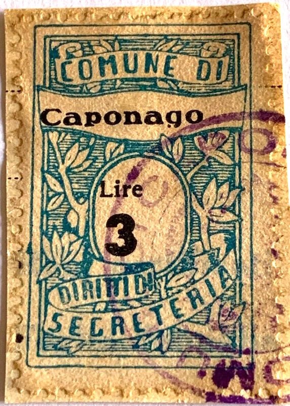 Marca da Bollo del Comune di CAPONAGO su Carta Bianca Sottile di dimensioni 22 x 35 mm