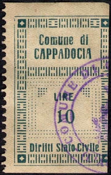 Marca da Bollo del Comune di CAPPADOCIA su Carta Bianca di dimensioni 21 X 33,5 mm