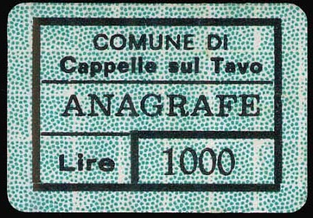 Marca da Bollo del Comune di CAPPELLE SUL TAVO su Carta Colorata di dimensioni 24 x 17 mm