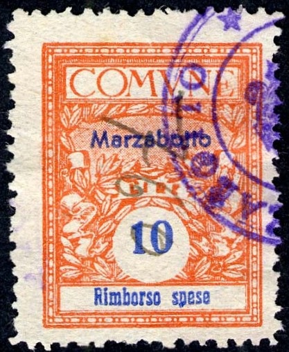Marca da Bollo del Comune di MARZABOTTO su Carta Bianca Sittile di dimensioni 22 x 28,5 mm