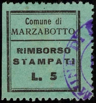 Marca da Bollo del Comune di MARZABOTTO su Carta blu verde sottile di dimensioni 20 x 22,5 mm