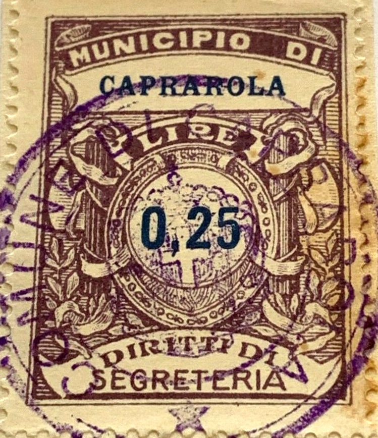 Marca da Bollo del Comune di CAPRAROLA su Carta Bianca di dimensioni 22 x 28 mm