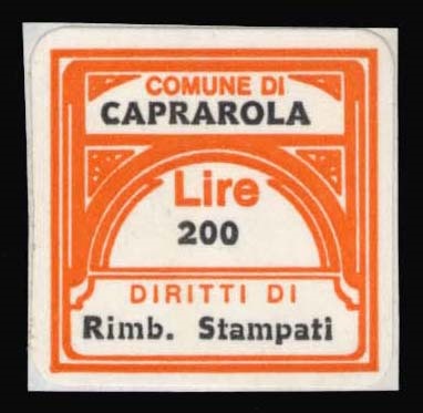 Marca da Bollo del Comune di CAPRAROLA su Carta Bianca di dimensioni 20 x 20 mm
