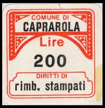 Marca da Bollo del Comune di CAPRAROLA su Carta Bianca di dimensioni 20 x 20 mm