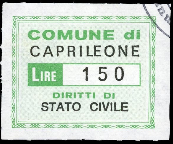 Marca da Bollo del Comune di CAPRILEONE su Carta Bianca di dimensioni 34 x 26,5 mm