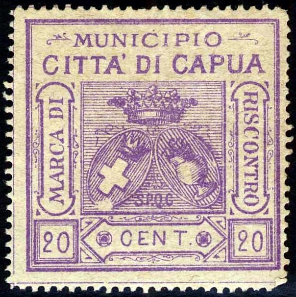 Marca da Bollo del Comune di CAPUA su Carta Bianca Sottile di dimensioni 36 x 35,5 mm