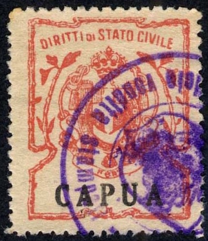Marca da Bollo del Comune di CAPUA su Carta Bianca di dimensioni 22,5 x 27,5 mm
