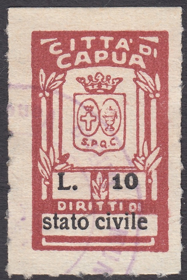 Marca da Bollo del Comune di CAPUA su Carta Bianca di dimensioni 18 x 29 mm