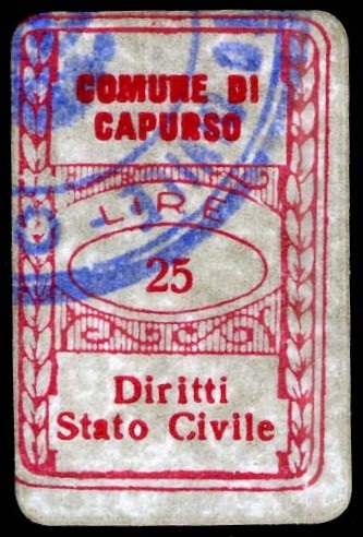 Marca da Bollo del Comune di CAPURSO su Carta Bianca di dimensioni 20 x 30 mm