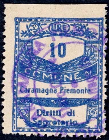 Marca da Bollo del Comune di CARAMAGNA PIEMONTE su Carta Bianca Sottile di dimensioni 22,5 x 29 mm