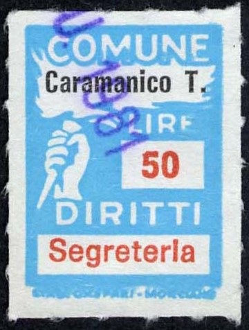 Marca da Bollo del Comune di CARAMANICO TERME su Carta Bianca Sottile di dimensioni 18 X 25,5 mm