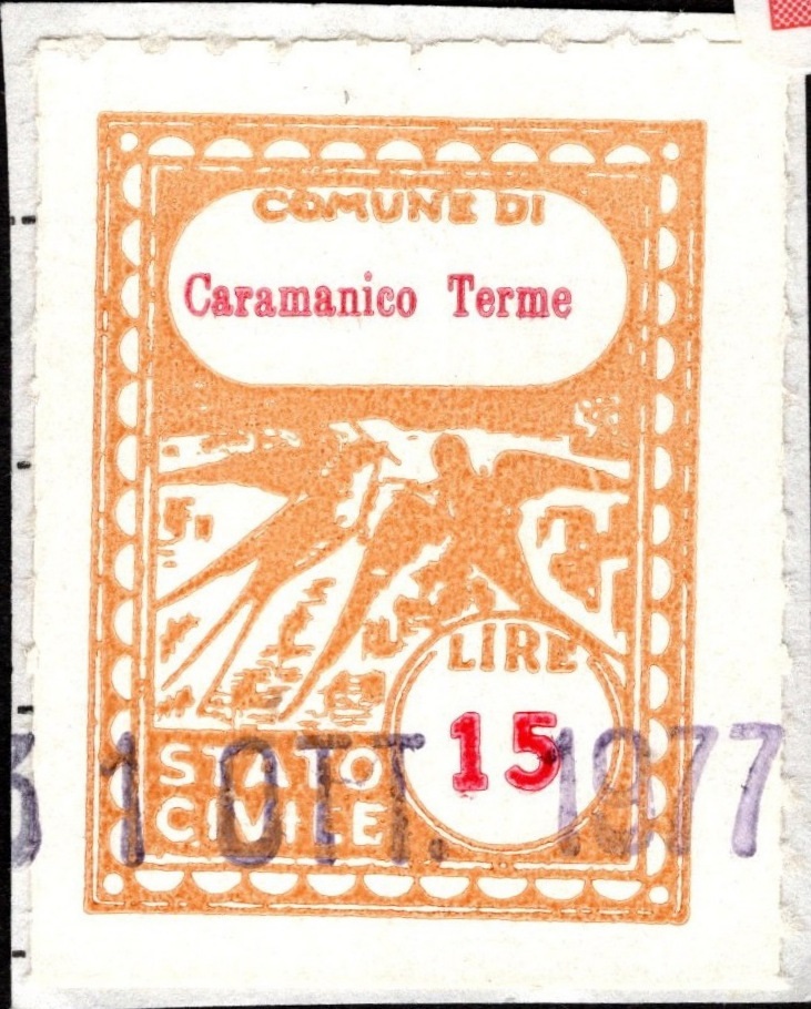 Marca da Bollo del Comune di CARAMANICO TERME su Carta Bianca Sottile di dimensioni 18 X 25,5 mm