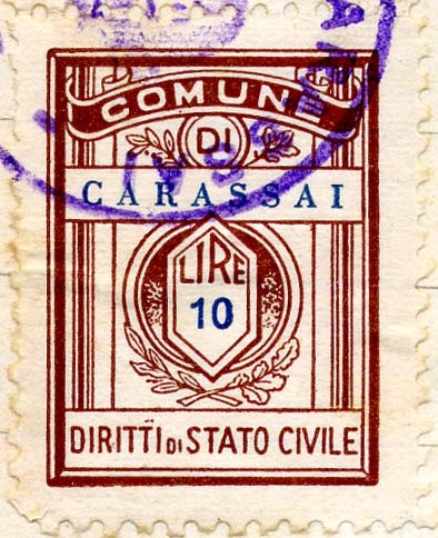Marca da Bollo del Comune di CARASSAI su Carta Bianca Sottile di dimensioni 21,5 x 28,5 mm