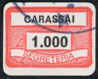 Marca da Bollo del Comune di CARASSAI su Carta Bianca di dimensioni 19,5 x 13,5 mm