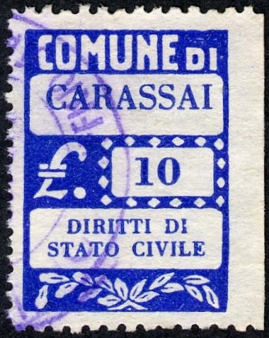 Marca da Bollo del Comune di CARASSAI su Carta Bianca di dimensioni 20 x 28 mm