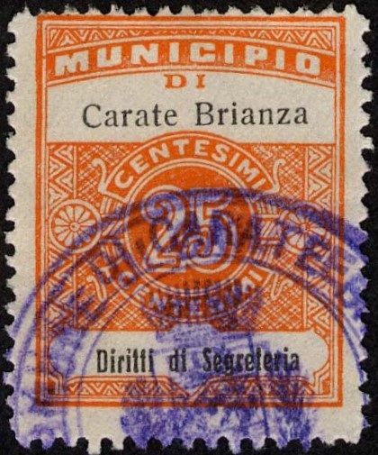 Marca da Bollo del Comune di CARATE BRIANZA su Carta Bianca di dimensioni 22,5 x 29 mm