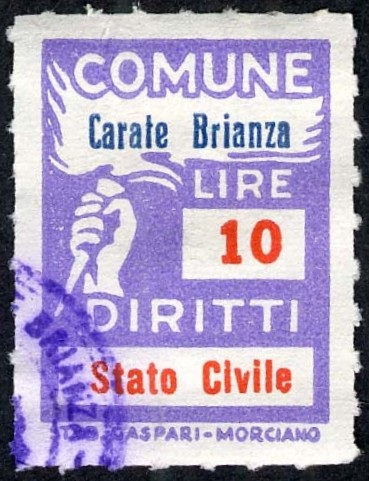 Marca da Bollo del Comune di CARATE BRIANZA su Carta Bianca di dimensioni 18,5 x 26 mm