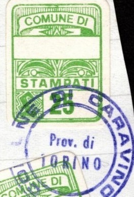 Marca da Bollo del Comune di CARAVINO su Carta Bianca di dimensioni 16 x 22 mm