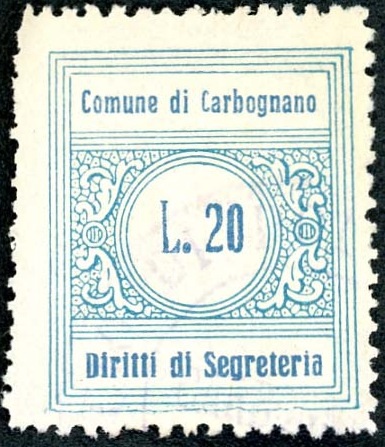 Marca da Bollo del Comune di CARBOGNANO su Carta Bianca Sottile di dimensioni 21,5 x 25,5 mm