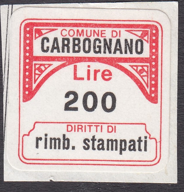Marca da Bollo del Comune di CARBOGNANO su Carta Bianca di dimensioni 20 x 20 mm