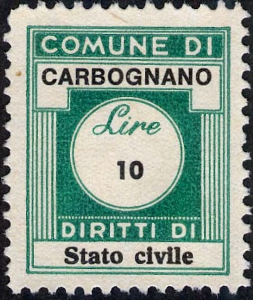 Marca da Bollo del Comune di CARBOGNANO su Carta Bianca di dimensioni 22 x 25 mm