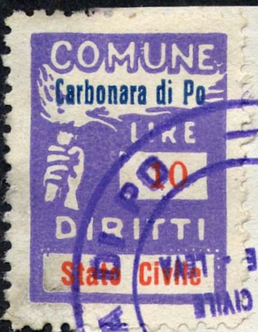 Marca da Bollo del Comune di CARBONARA DI PO su Carta Bianca di dimensioni 18,5 X 26 mm