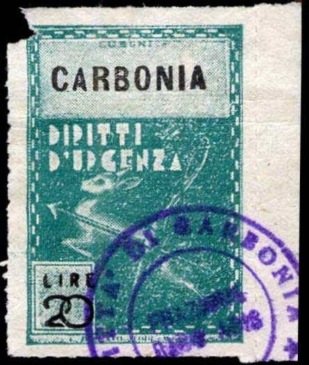 Marca da Bollo del Comune di CARBONIA su Carta Bianca Sottile di dimensioni 21,5 x 32,5 mm