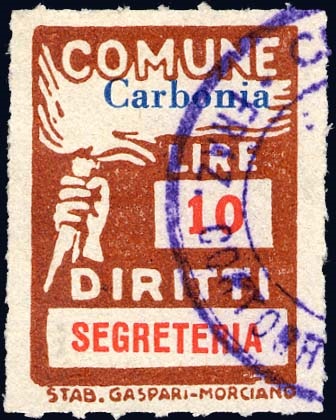 Marca da Bollo del Comune di CARBONIA su Carta Bianca di dimensioni 18 x 26 mm