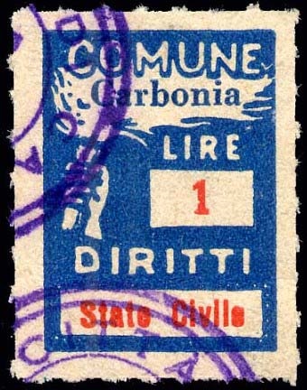 Marca da Bollo del Comune di CARBONIA su Carta Bianca di dimensioni 18 x 26 mm
