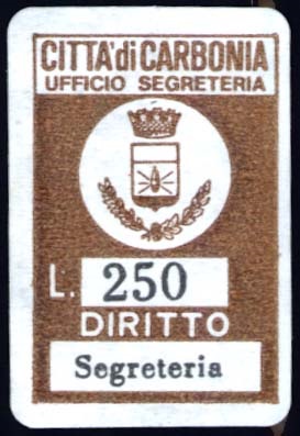 Marca da Bollo del Comune di CARBONIA su Carta Bianca di dimensioni 15,5 x 23,5 mm