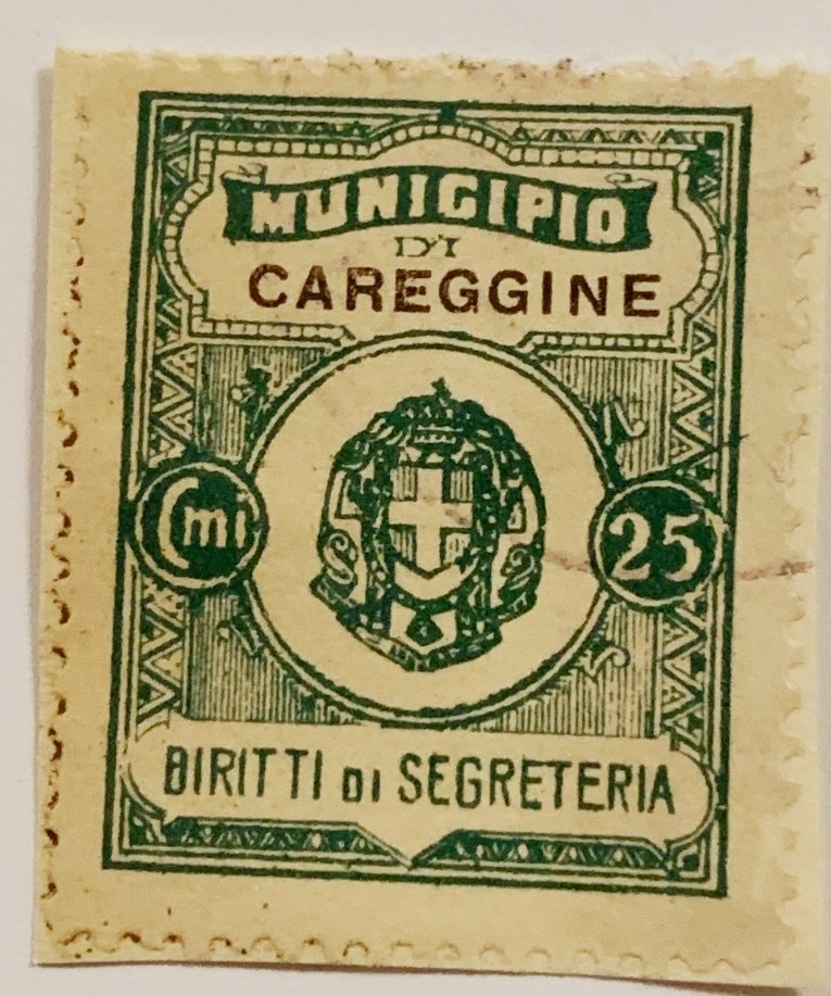 Marca da Bollo del Comune di CAREGGINE su Carta Bianca di dimensioni 22 X 33 mm