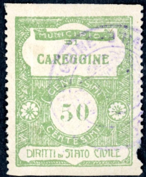 Marca da Bollo del Comune di CAREGGINE su Carta Bianca Sottile di dimensioni 22,5 x 29 mm