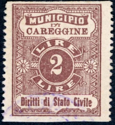 Marca da Bollo del Comune di CAREGGINE su Carta Bianca Sottile di dimensioni 22,5 x 29 mm