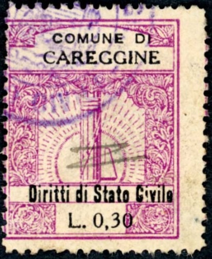Marca da Bollo del Comune di CAREGGINE su Carta Bianca Sottile di dimensioni 23,5 x 29,5 mm