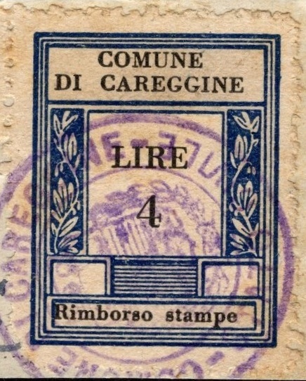 Marca da Bollo del Comune di CAREGGINE su Carta Bianca Sottile di dimensioni 23,5 x 29,5 mm