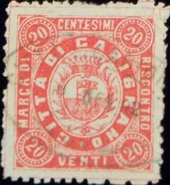Marca da Bollo del Comune di CARIGNANO su Carta Bianca Sottile di dimensioni 22 x 25 mm