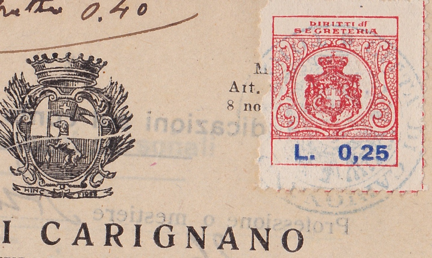 Marca da Bollo del Comune di CARIGNANO su Carta Bianca Sottile di dimensioni 17 x 21,5 mm
