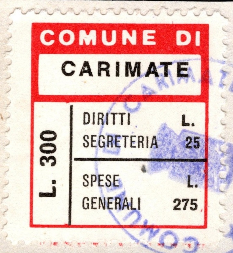 Marca da Bollo del Comune di CARIMATE su Carta Bianca di dimensioni 20 x 20 mm