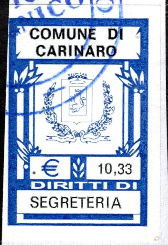 Marca da Bollo del Comune di CARINARO su Carta Bianca di dimensioni 13 x 17 mm