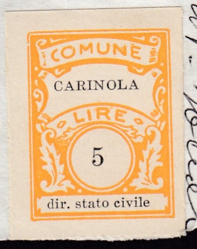Marca da Bollo del Comune di CARINOLA su Carta Bianca di dimensioni 23 x 30,5 mm