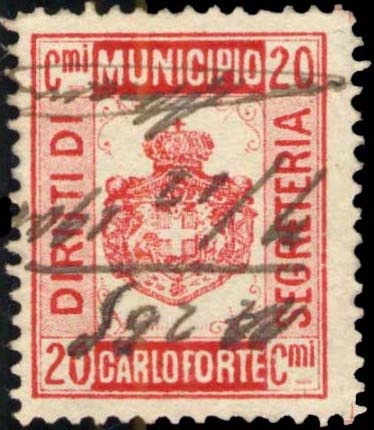 Marca da Bollo del Comune di CARLOFORTE su Carta Bianca Sottile di dimensioni 20,5 x 25,5 mm