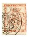Marca da Bollo del Comune di CARMAGNOLA su Carta Bianca Sottile di dimensioni 25 x 29,5 mm
